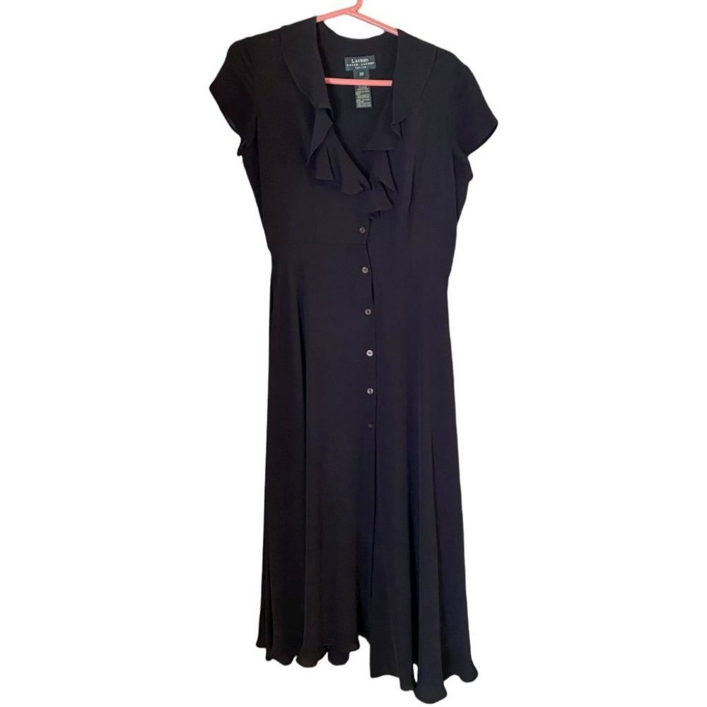 Vintage 80s Silk Ralph Lauren Petite Designer Dress Black 10P Kasper Group